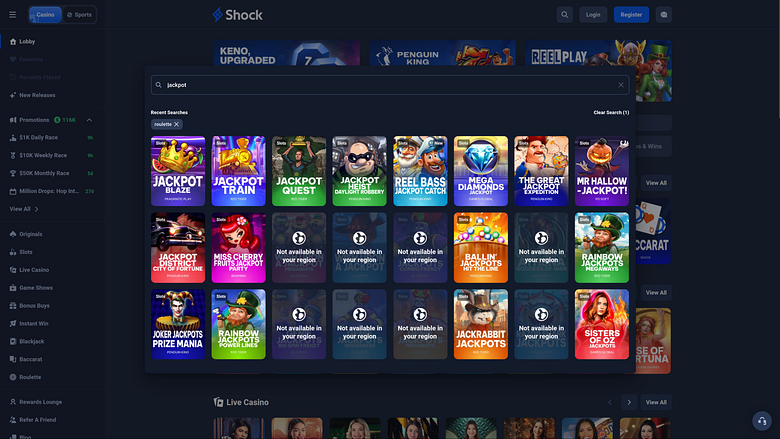 Джекпот Shock Casino для настольных компьютеров