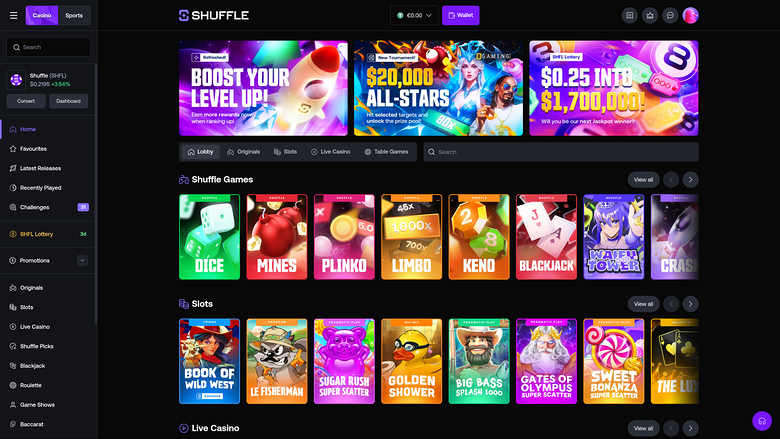 Page d'accueil de Shuffle Casino sur ordinateur