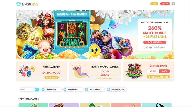 Silver Oak Casino Desktop Homepage