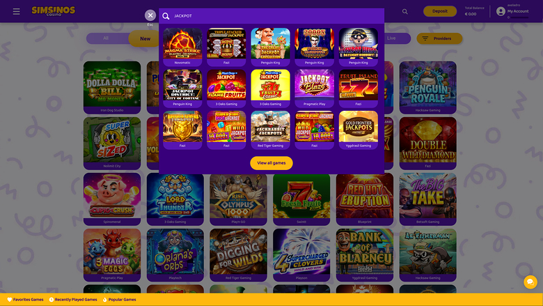 Jackpot du casino Simsinos sur ordinateur