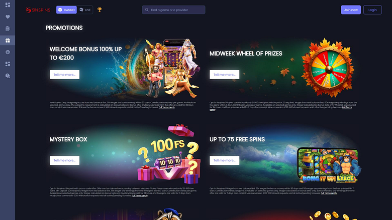 Promotions pour ordinateur de bureau du casino Sin Spins