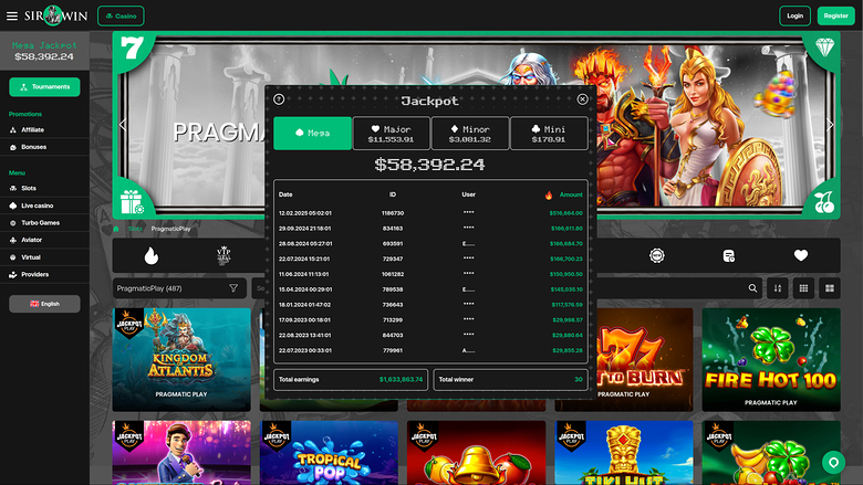 SirWin Casino Desktop Jackpot