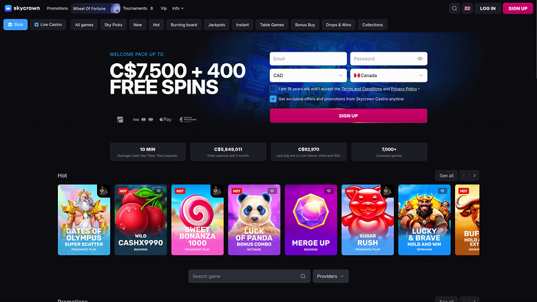 Page d'accueil de Skycrown Casino sur ordinateur