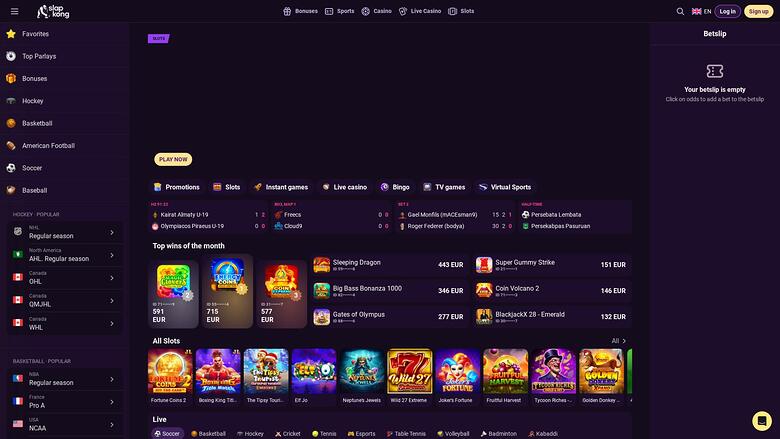 Page d'accueil du casino SlapKong (version ordinateur)