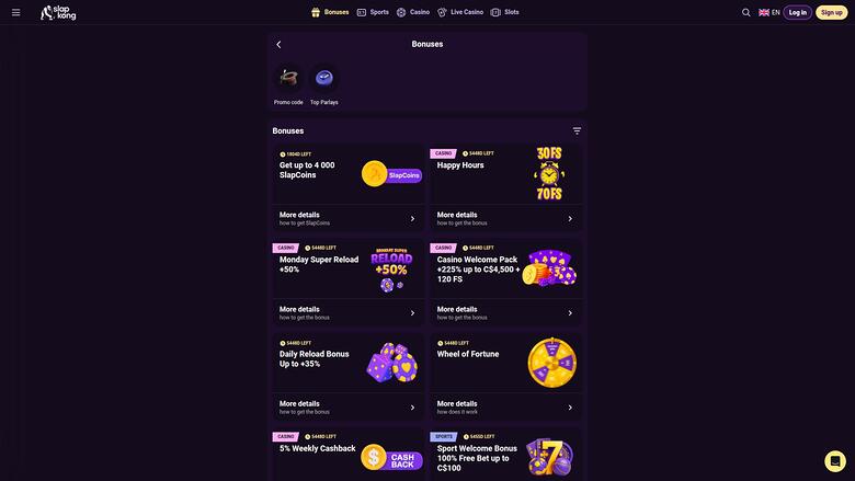 Promotions du casino SlapKong (version bureau)