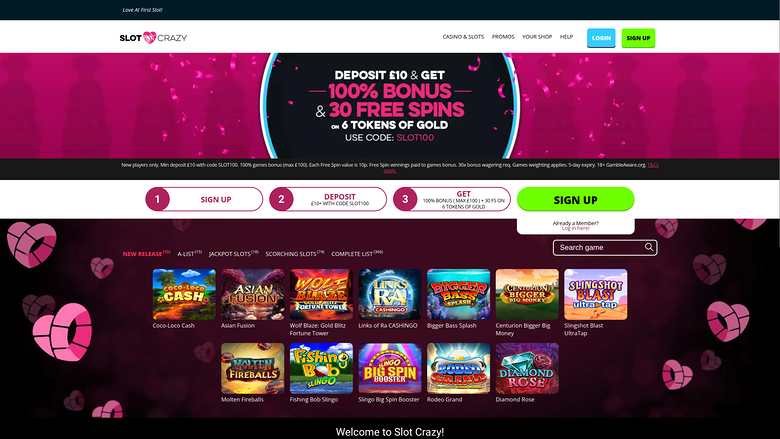 Página de inicio de Slot Crazy Casino en escritorio