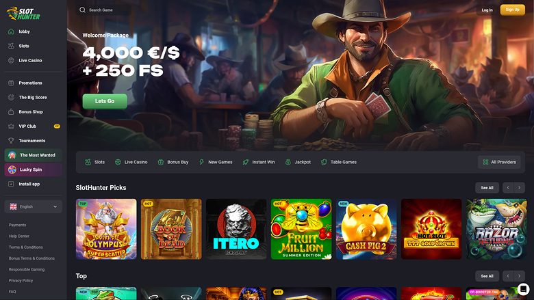 Page d'accueil de Slot Hunter Casino sur bureau