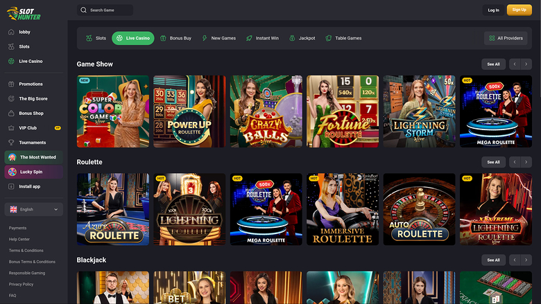 Croupier en direct de Slot Hunter Casino sur bureau