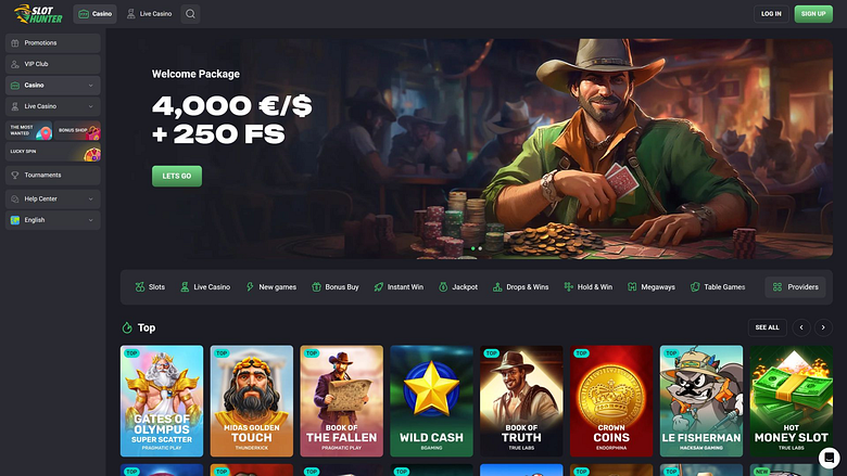 Page d'accueil du casino Slot Hunter (version ordinateur)
