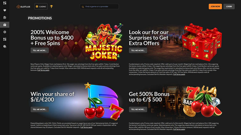 Promoções do Slot Lux Casino para computador