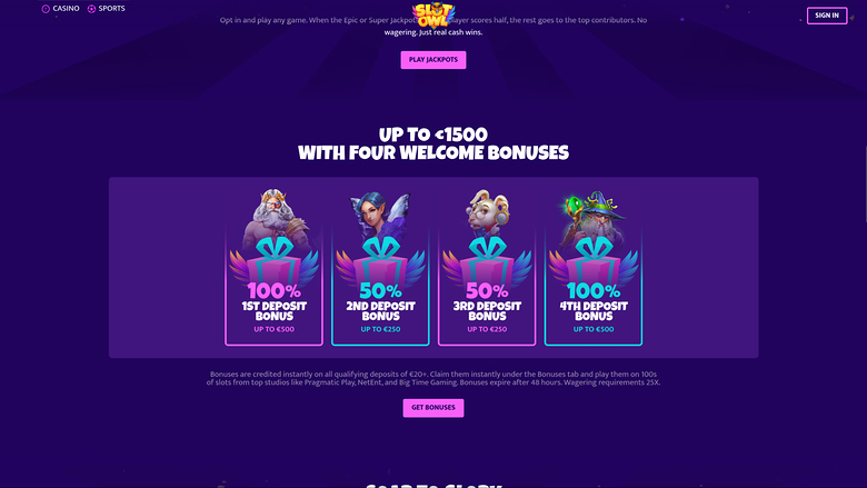 Promotions sur bureau de Slot Owl Casino