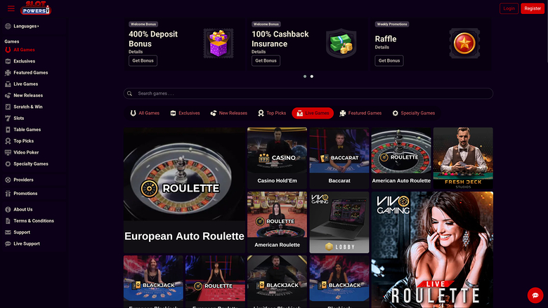 Live dealer desktop di Slot Powers Casino