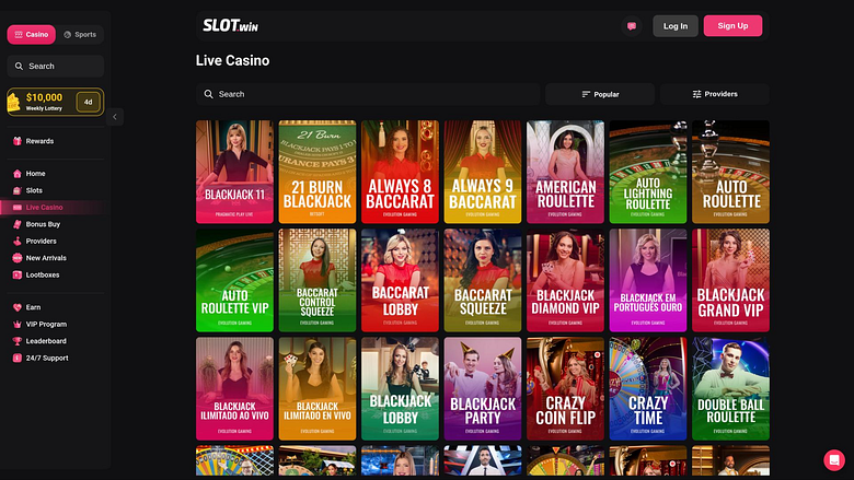 Page de croupiers en direct du casino Slot.Win