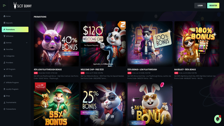 Promotions of SlotBunny Casino for Desktop
