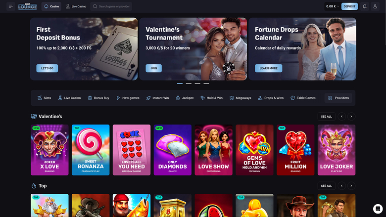 Page d'accueil du casino SlotLounge pour ordinateur