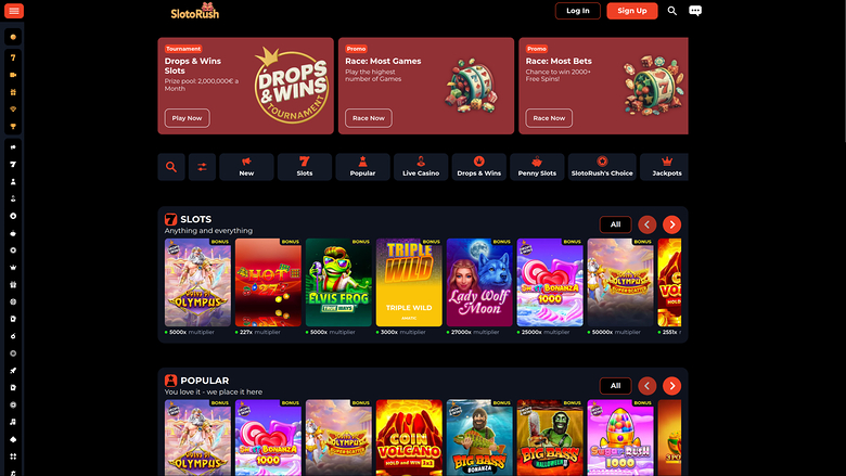 Homepage desktop di SlotoRush Casino