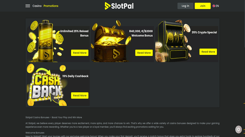 Screenshot der Werbeaktionen von Slotpal Casino für Desktop