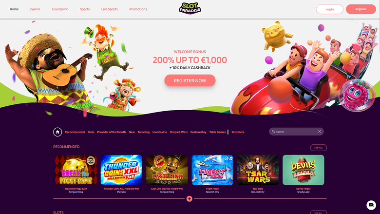 Página de inicio de escritorio de SlotParadise Casino