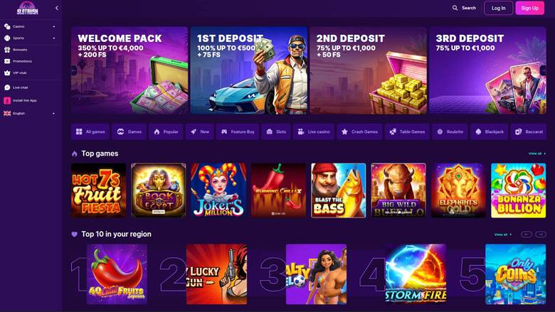 Homepage screenshot of SlotRush Casino