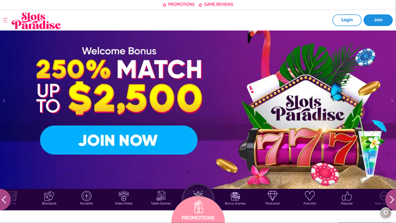 Page d'accueil de bureau de Slots Paradise Casino