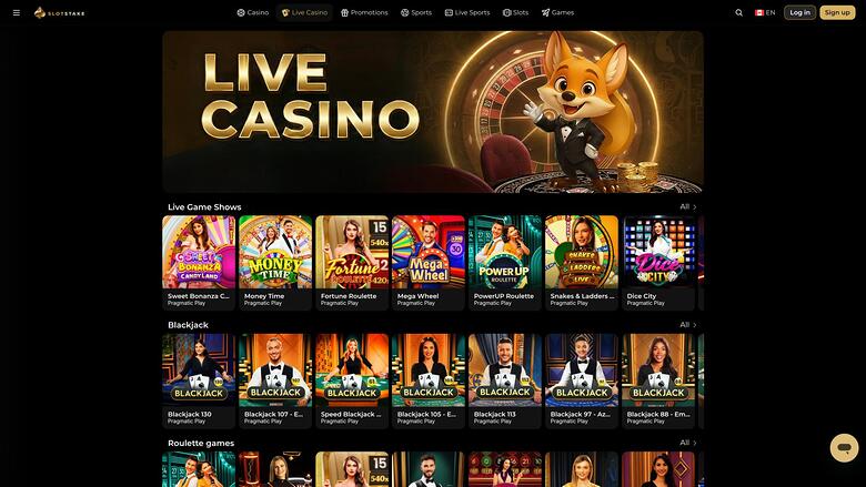 page de croupier en direct du casino SlotStake