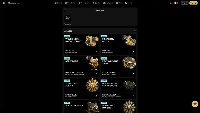 page des promotions du casino SlotStake