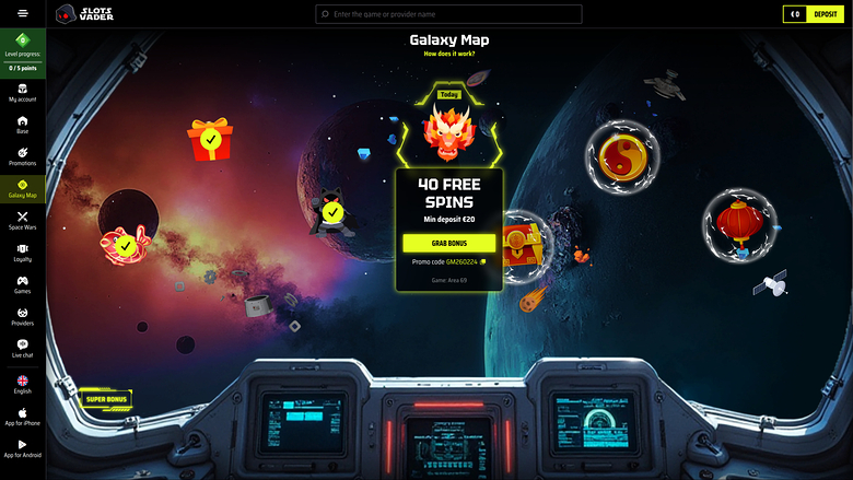 Carte galactique du casino SlotsVader pour ordinateur