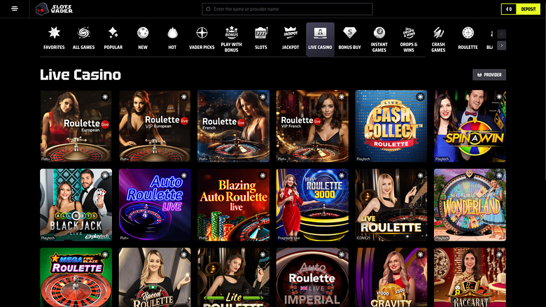 Casino SlotsVader pour ordinateur avec croupier en direct