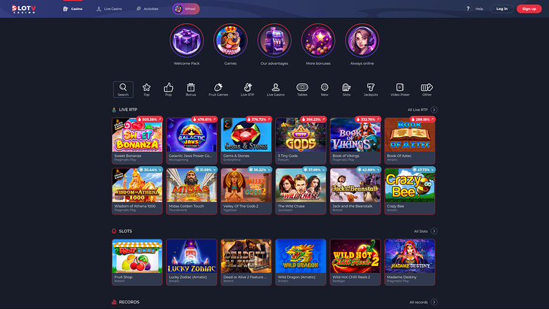 Page d'accueil de SlotV Casino sur ordinateur