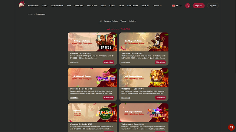 SpicyJackpots Casino Desktop Promotions