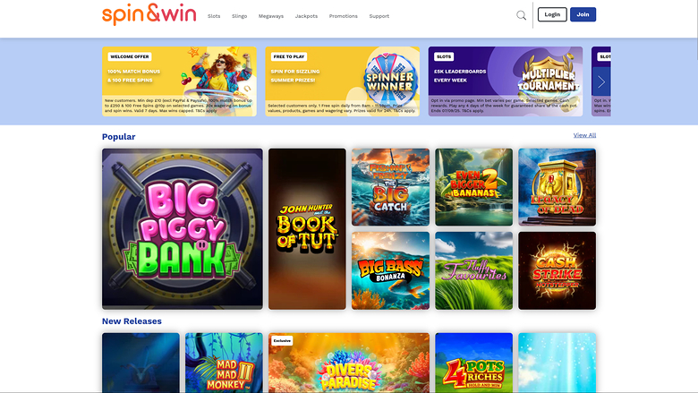 Page d’accueil de la version bureau de Spin and Win Casino