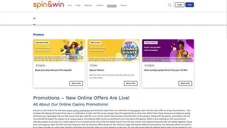 Promotions de la version bureau de Spin and Win Casino