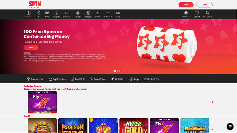 Homepage desktop di Spin Casino