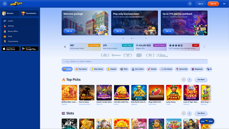 Главная страница Spin City Casino на компьютере