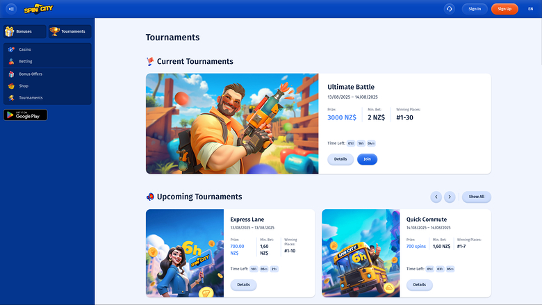 Турниры Spin City Casino на компьютере