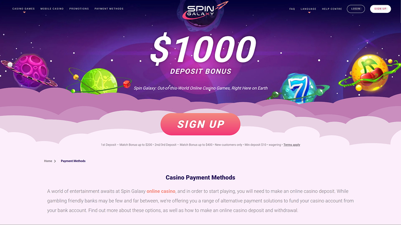 Homepage desktop di Spin Galaxy Casino