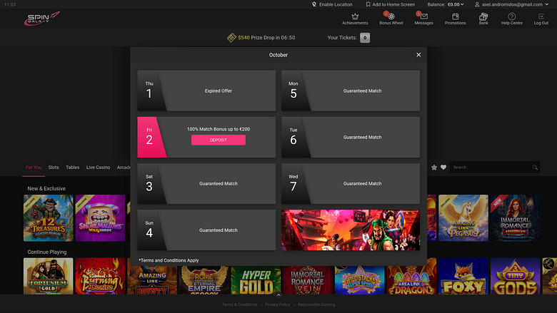 Spin Galaxy Casino Desktop-Aktionen