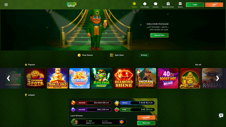 Página inicial do Spin Million Casino para computador