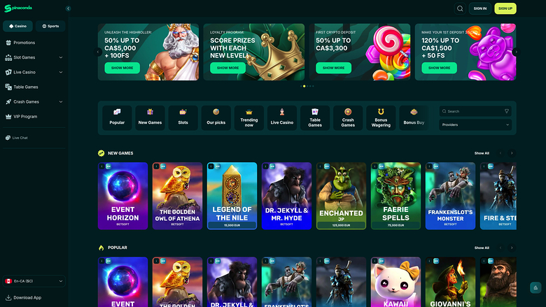 Главная страница казино Spinaconda (для ПК)