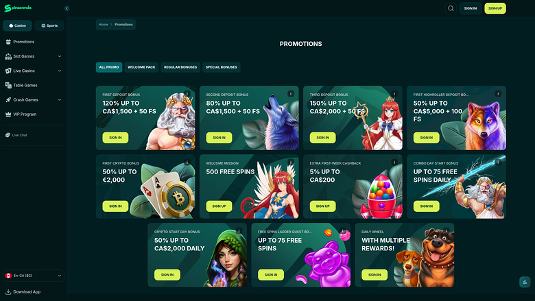 Акции казино Spinaconda (настольная версия)