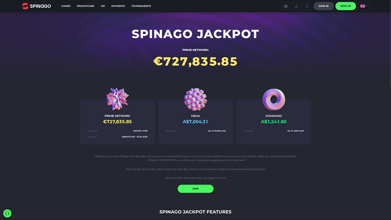Jackpot de bureau de Spinago Casino