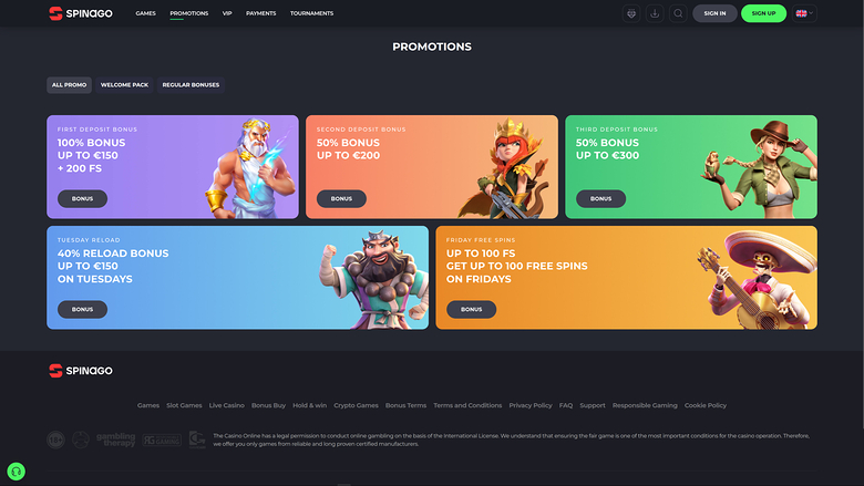 Promotions de bureau de Spinago Casino