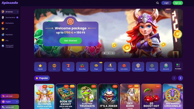Screenshot della homepage di Spinando Casino