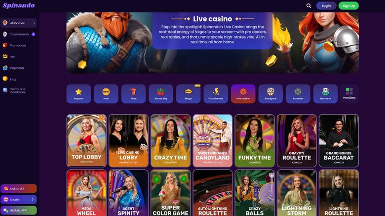 Screenshot della pagina live di Spinando Casino