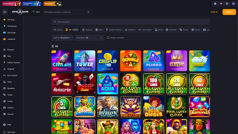 Juegos de escritorio de Spinarium Casino