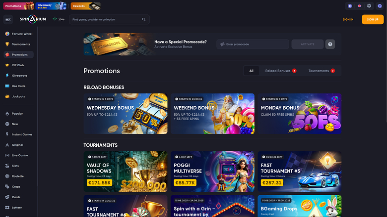 Promociones de escritorio de Spinarium Casino
