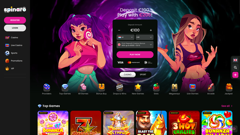 Главная страница Spinaro Casino для ПК