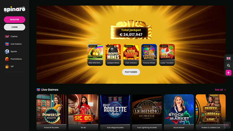 Джекпот Spinaro Casino для настольных ПК