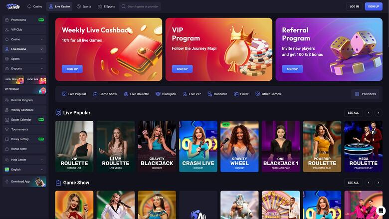 Pagina del dealer dal vivo di SpinAura Casino