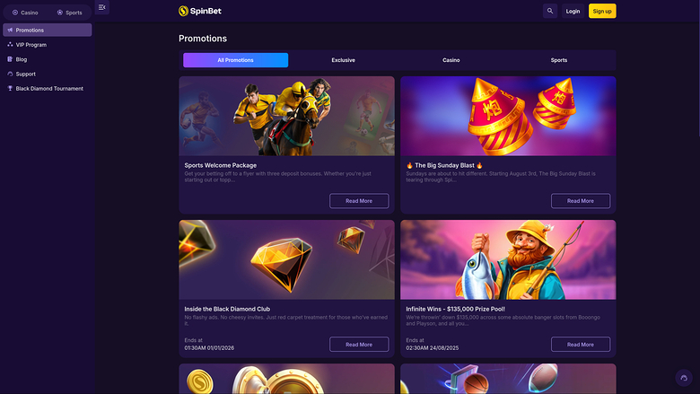 Промоакции Spinbet Casino для компьютера